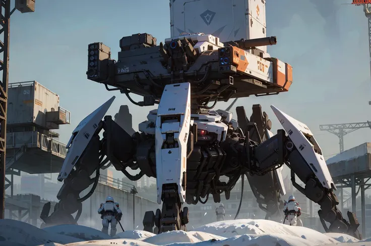 8k wallpaper, masterpiece,Cinematic Lighting, best quality,Illustration,detailed face depiction,dramatic angle,
mecha \\\(flegs\\\), mecha,robot, no humans, science fiction, solo, snow, outdoors, standing, non-humanoid robot, weapon
