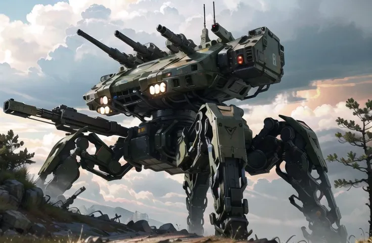 <lora:quadruped mechasV2:1>, 8k wallpaper, masterpiece,Cinematic Lighting, best quality,Illustration,detailed face depiction,dramatic angle,
mecha \\\(flegs\\\), robot, no humans, mecha, cloud, tree, outdoors, science fiction, realistic, weapon, radio antenna, sky, cloudy sky, machinery, solo, military, gun, grass