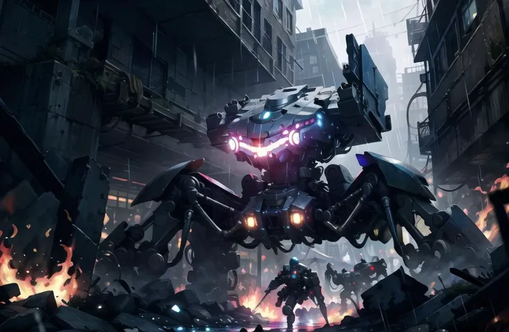 <lora:quadruped mechasV2:1>, 8k wallpaper, masterpiece,Cinematic Lighting, best quality,Illustration,detailed face depiction,dramatic angle,
mecha \\\(flegs\\\), mecha,robot, fire, science fiction, rain, weapon, glowing,city,ruins,wars