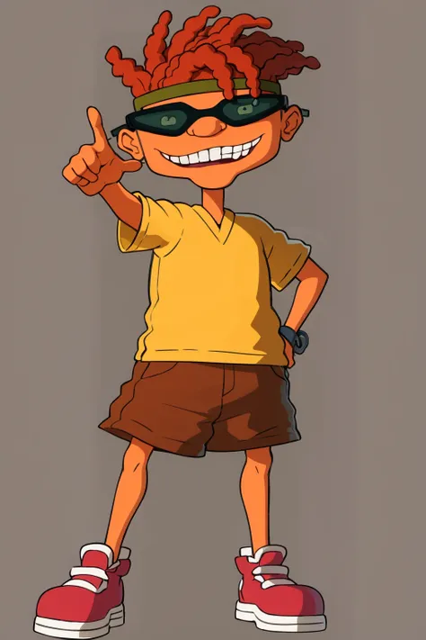 masterpiece, best quality, portrait, 1boy, ottorocket, headband, dreadlocks, goggles, dark skin, yellow shirt, brown shorts, grin, full body, hand on hip, looking at viewer, solo, simple background <lora:OttoRocketV2:1>