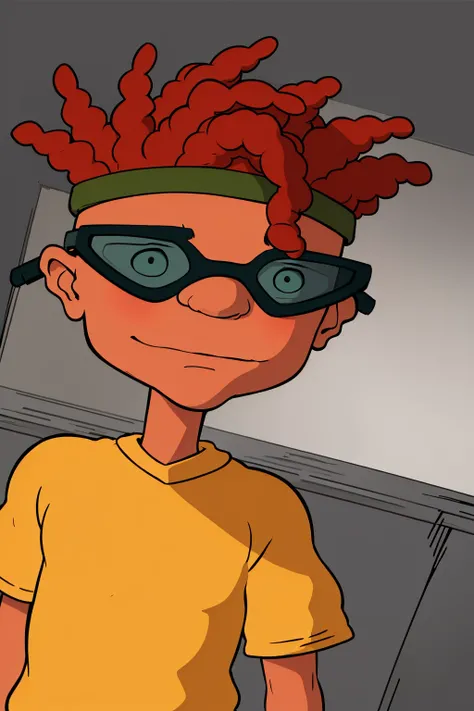 masterpiece, best quality, portrait, 1boy, ottorocket, headband, dreadlocks, goggles, dark skin, closeup, face only, yellow shirt, looking at viewer, solo, simple background <lora:OttoRocketV2:1>