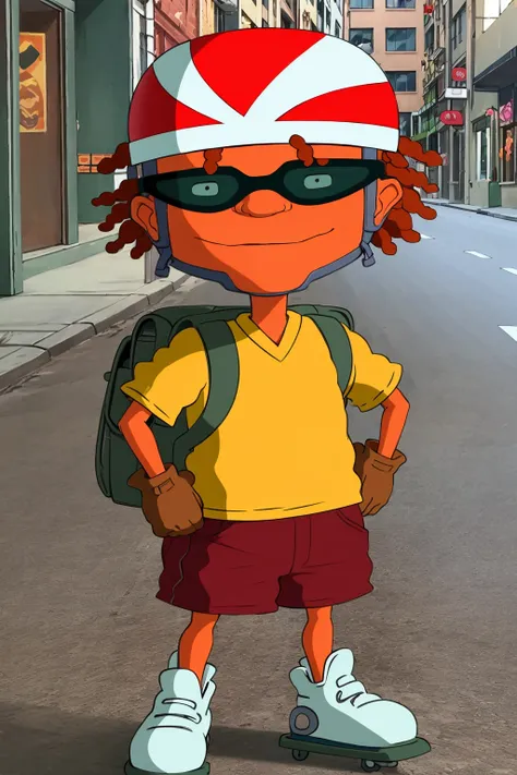 masterpiece, best quality, portrait, 1boy, ottoskater, helmet, goggles, dark skin, gloves, yellow shirt, brown shorts, backpack, full body, hand on hip, looking at viewer, solo, street background <lora:OttoRocketV2:1>