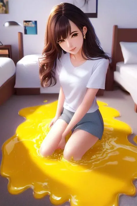 masterpiece of a beautiful young woman peeing self while sitting on yellow puddle on the bed, a puddle lies on the sheets. she has long hair, wairiza (eyecontact:1.1) mud dolphin shorts, rthprsn