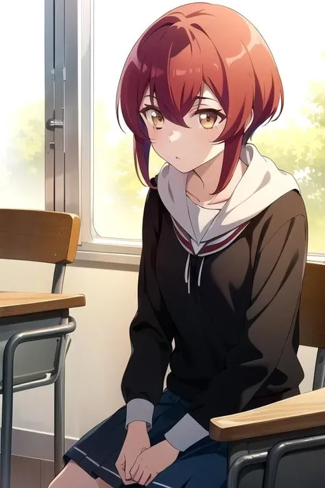 masterpiece,highres, 1girl,   <lora:KurenaKukumilaR4:0.7>,KurenaKukumilaR4, yellow eyes, red hair, serakuku, sit, school,