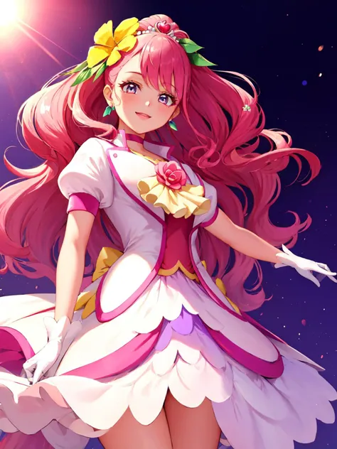 masterpiece, best quality, looking at viewer, depth of field, standing, cowboy shot,
1girl, <lora:locon_cure_grace_01:0.9>, cure grace, pink hair, flower, gloves, jacket, hair flower, hair ornament, tiara, earrings, ascot, white high heels,
smile, ((gradient background)), lens flare,