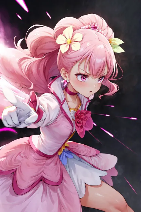 masterpiece,best quality,1girl,cure grace,pink hair,flower,gloves,jacket,hair flower,hair ornament,tiara,earrings,ascot,(serious),fighting stance,action pose,((attack,pink energy glowing,)),light rays,((motion lines,motion blur)),blast wave,cowboy shot,<lora:locon_cure_grace_01:0.9>,<lora:Concept-control tool-add_detail-CyberAIchemist:1.1>,