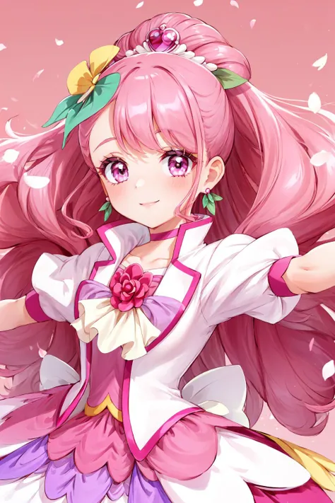 masterpiece,best quality,1girl,cure grace,pink hair,flower,gloves,jacket,hair flower,hair ornament,tiara,earrings,ascot,smile,spread arms,petals,pink background,gradient background,<lora:locon_cure_grace_01:0.9>,<lora:Concept-control tool-add_detail-CyberAIchemist:0.8>,