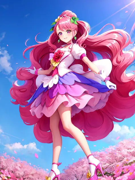 masterpiece, best quality, looking at viewer, depth of field, standing, full body,
1girl, <lora:locon_cure_grace_01:0.9>, cure grace, pink hair, flower, gloves, jacket, hair flower, hair ornament, tiara, earrings, ascot, white high heels,
smile, ((gradient background)), lens flare,