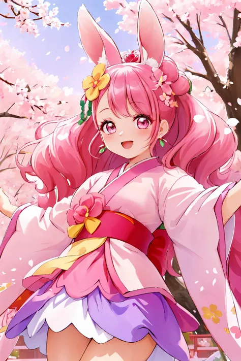 masterpiece,best quality,1girl,cure grace,pink kimono,japanese clothes,rabbit ears,pink hair,flower,jacket,hair flower,hair ornament,tiara,earrings,ascot,smile,open mouth,spread arms,(cherry blossoms),petals,pink sky,east asian architecture,lens flare,(dutch angle),cowboy shot,<lora:locon_cure_grace_01:0.9>,<lora:Concept-control tool-add_detail-CyberAIchemist:0.8>,