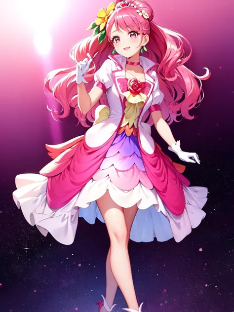 masterpiece, best quality, looking at viewer, depth of field, standing, full body, 
1girl, <lora:locon_cure_grace_01:0.9>, cure grace, pink hair, flower, gloves, jacket, hair flower, hair ornament, tiara, earrings, ascot,  white high heels, 
smile, ((gradient background)), lens flare,
