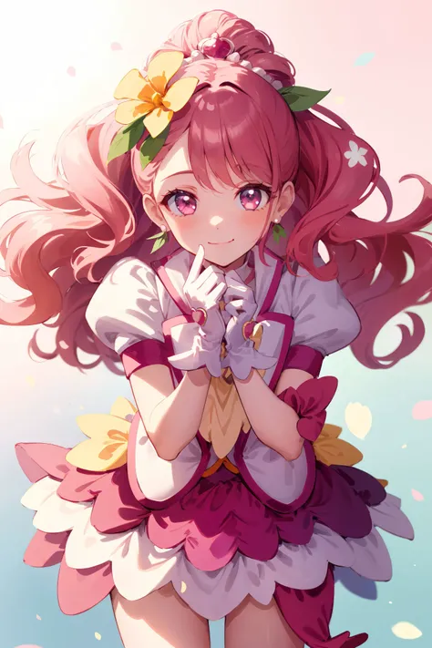 masterpiece, best quality, looking at viewer, depth of field, standing, 1girl, <lora:locon_cure_grace_01:0.9>, cure grace, pink hair, flower, gloves, jacket, hair flower, hair ornament, tiara, earrings, ascot, smile, ((gradient background)), lens flare,cowboy shot,