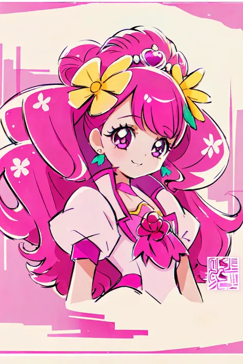 masterpiece,best quality,1girl,cure grace,pink hair,flower,jacket,hair flower,hair ornament,tiara,earrings,ascot,smile,petals,pink background,upper body,<lora:locon_cure_grace_01:0.9>,<lora:KamikitaV2:0.8>,
