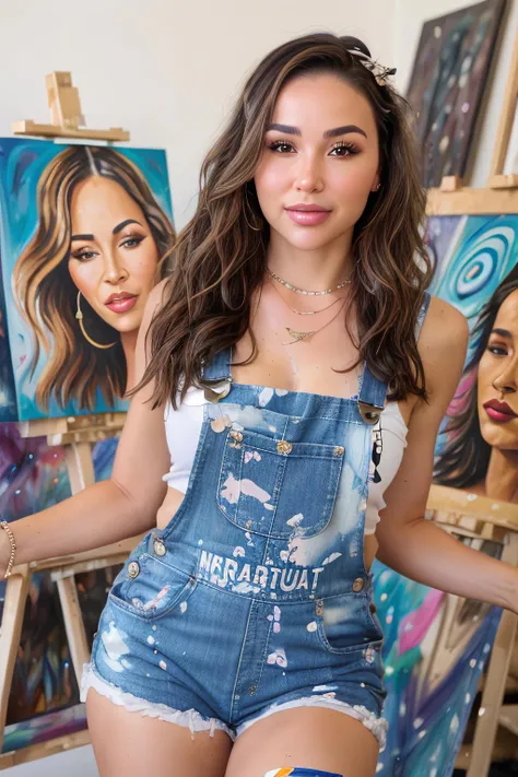 a photo of 8n8Cheri, ultrarealistic, photorealistic, 8k, dslr, makeup, jewelry, beautiful, perfect face, detailed skin, detailed face, detailed eyes, in an art studio, surrounded by easels and artwork, wearing overalls with paint stains, long messy hair, smock <lora:AnaCheriLoRA_v1-step00003000:0.9>