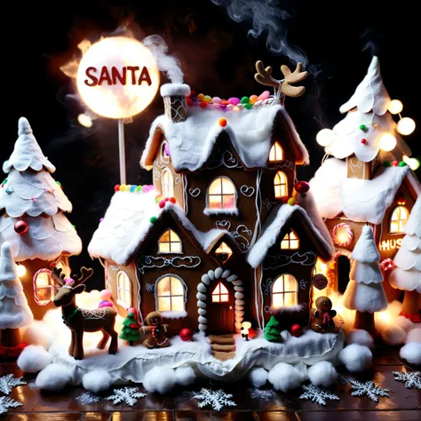 photo realistic small village of gingerbread house houses in a snowy night full of warm lights, (sign text 'SANTA':1.5),cotton wool smoke chimney, santa, reindeer, candy, ghostlystyle <lora:xl_more_art-full_v1:0.75>, <lora:SDXLGhostStyle:0.55>, <lora:SDXLHighDetail_v5:1>