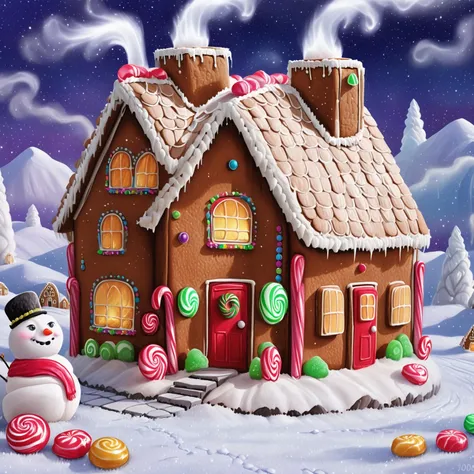 photo realistic small village of gingerbread house houses in a snowy night full of warm lights, cotton wool smoke chimney, candy, detailed mountains in background <lora:Gingerbread_Houses_SDXL-000007:1>
