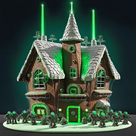 futuristic gingerbread house fortress in green team colors with glowing neon green lasers, robots, cyber santas and ai overlords, surveillance cameras, attack drones, gun turrets, parabola antenna, armed guard patrols <lora:AI_Overlord_Santas_-_The_Green_Team_LoRA:0.75> <lora:Gingerbread_Houses_SDXL-000007:0.75>