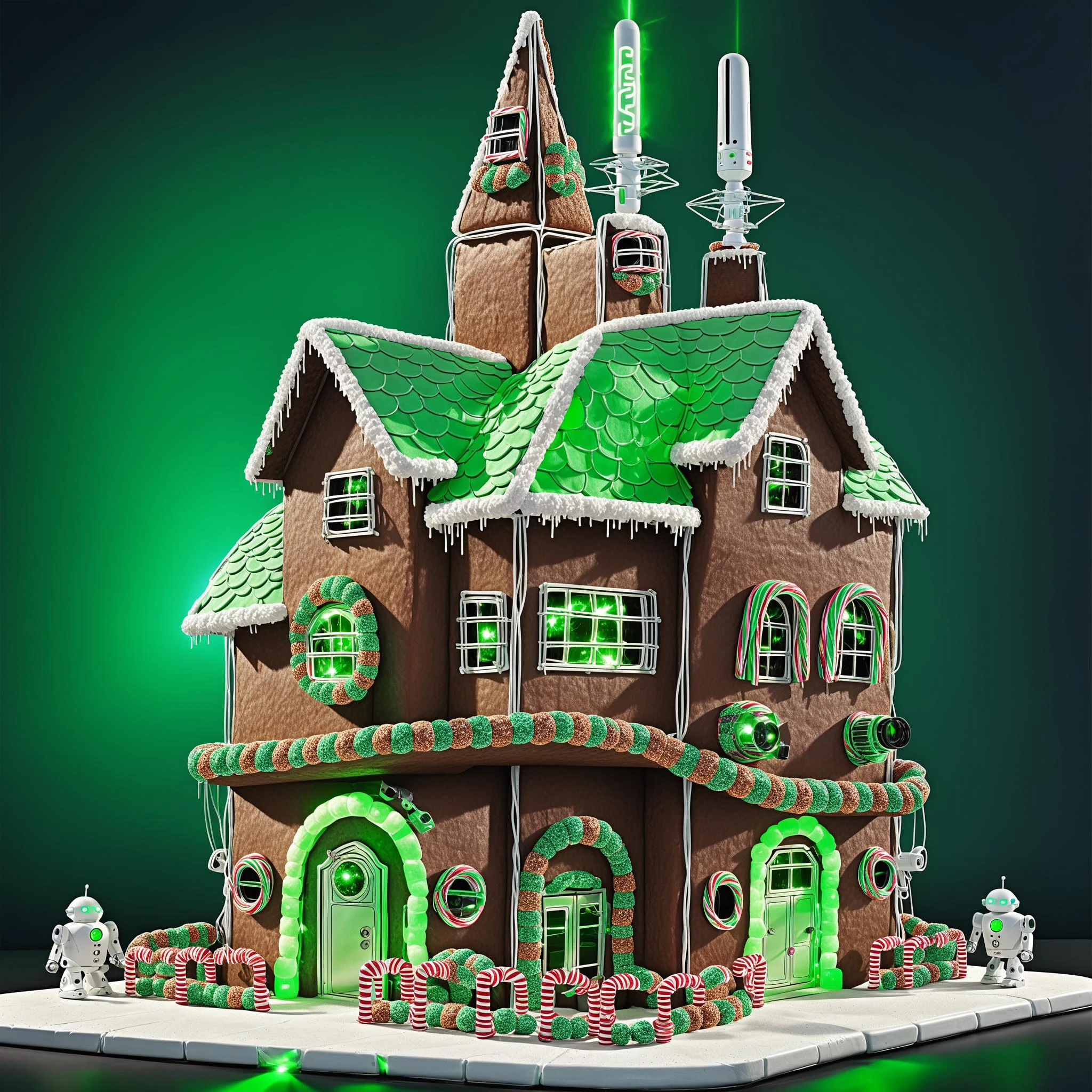 futuristic gingerbread house fortress in green team colors with glowing neon green laser fence, robots, cyber santas and ai overlords, surveillance cameras, attack drones, gun turrets, parabola antenna <lora:AI_Overlord_Santas_-_The_Green_Team_LoRA:0.75> <lora:Gingerbread_Houses_SDXL-000007:0.75>