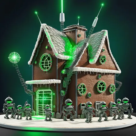 futuristic gingerbread house fortress in green team colors with glowing neon green laser fence, cyber robot santa and ai overlords, surveillance cameras, attack drones, gun turrets, parabola antenna <lora:AI_Overlord_Santas_-_The_Green_Team_LoRA:0.75> <lora:Gingerbread_Houses_SDXL-000007:0.75>