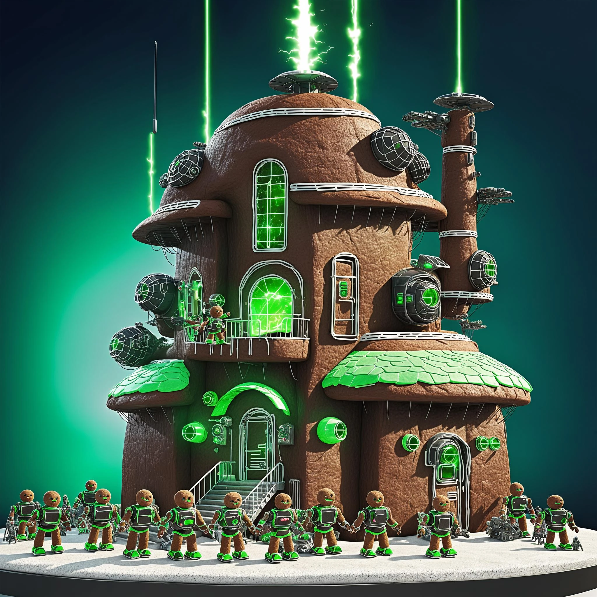 futuristic gingerbread house fortress in green team colors with glowing neon green lasers, robots, cyber santas and ai overlords, surveillance cameras, attack drones, gun turrets, parabol antenna, armed guard patrols <lora:AI_Overlord_Santas_-_The_Green_Team_LoRA:0.75> <lora:Gingerbread_Houses_SDXL-000007:0.75>