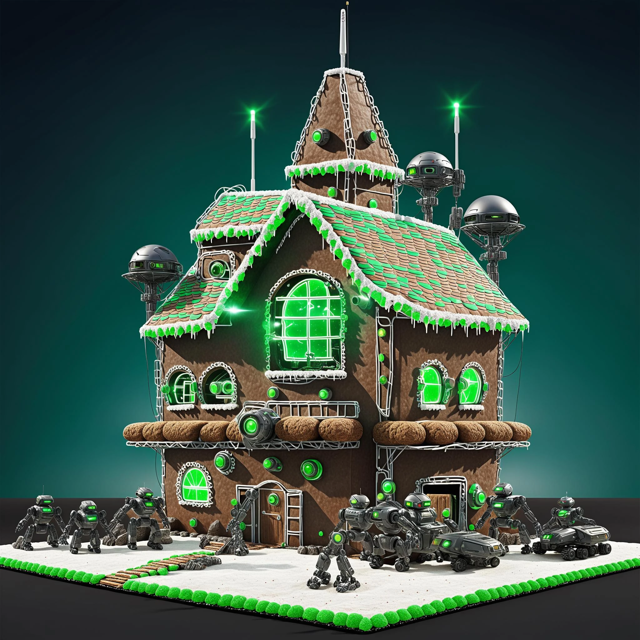 futuristic gingerbread house fortress in green team colors with glowing neon green lasers, robots, cyber santas and ai overlords, surveillance cameras, attack drones, gun turrets, parabol antenna, military defense grid, armed guard patrols <lora:AI_Overlord_Santas_-_The_Green_Team_LoRA:0.75> <lora:Gingerbread_Houses_SDXL-000007:0.75>
