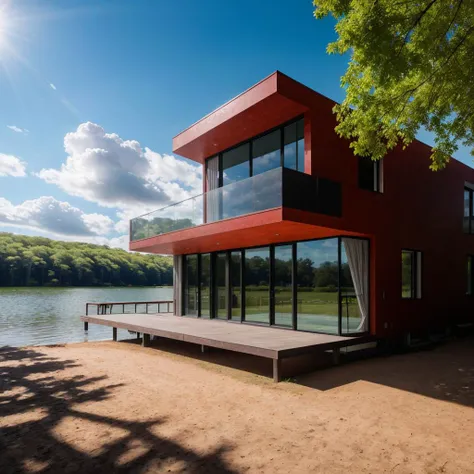 dramatic, sunlight lighting, shadows, high dynamic range, house, masterpiece, best quality,(8k, RAW photo:1.2),modernvilla, blackandwhite, trees, vine, architecture, building, cloud, vivid color, ,super detailed, 8k, sharp focus, a photo of a building red|black building on a lake, beachfront, super modern, ultramodern