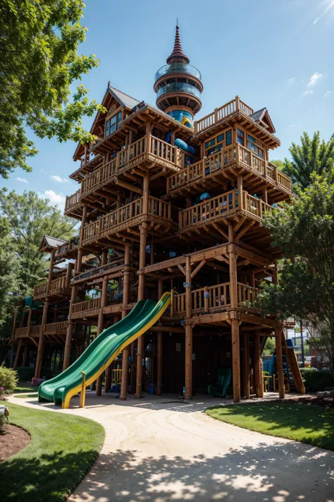 photo of arwplaygroundinterior, <lora:arwplaygroundoutdoor:1>, outdoor playground, grass, slide, tree house, track, sand box, huge, massive, super complex, gigantic, multiple stories, ((multiple floors, tower skyscraper)), realistic, (masterpiece:1.1), (best quality:1.1), beautiful, (intricate details), unity 8k wallpaper, ultra detailed, beautiful, aesthetic, perfect lighting, <lora:add_detail:0.7>