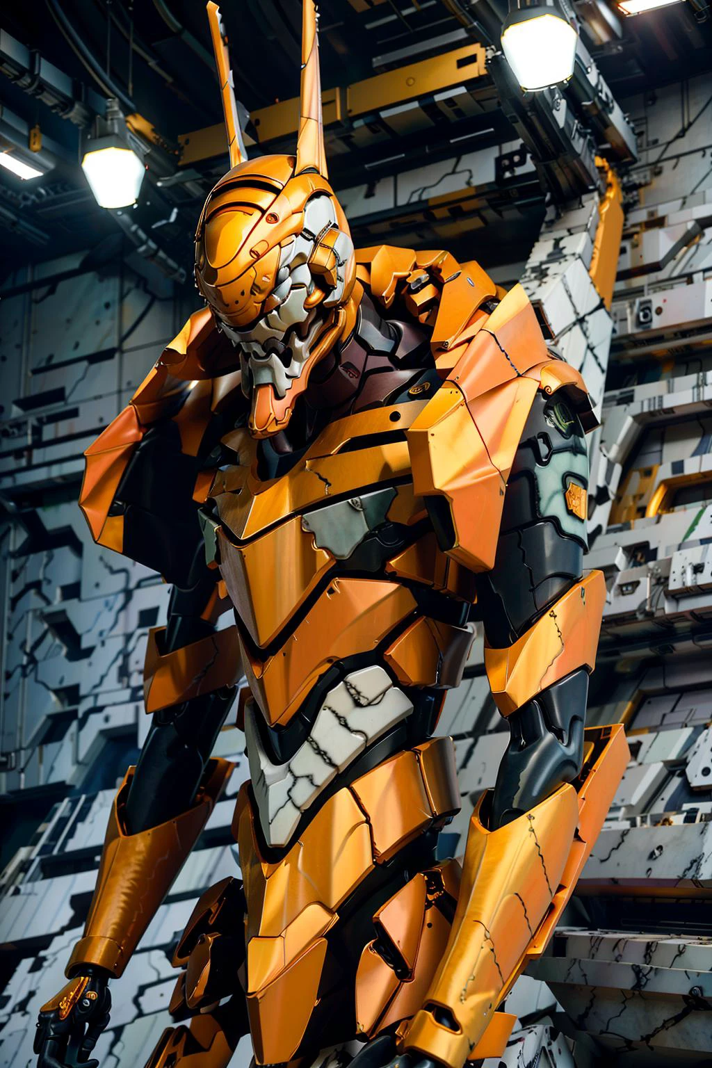 (eva 02), evagod, evangelion mecha, science fiction, looking at viewer, (official art, Best quality, masterpiece:1.2), illustration, high res, beautiful abstract background, Futurism, cyberpunk, intense angle, <lora:EVAIII:0.7>marble skin ,golden hair, marble face, <lora:M4rbleSCNEWCIVIT_1:1>