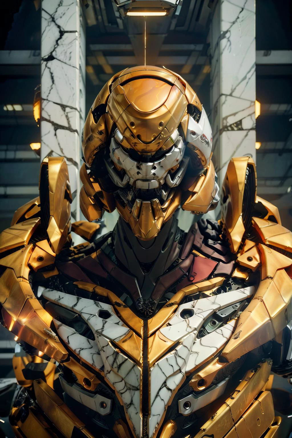 1 robot, organic, orange triangle glowing eyes, cyberhelmet, long hair, white plastic, diffuse lighting, fantasy, intricate, elegant, highly detailed, lifelike, photorealistic, smooth, sharp focus, art by John Collier and Albert Aublet and Krenz Cushart and Artem Demura, wires, tubes, dark room, dim light(eva 02), evagod, evangelion mecha, science fiction, looking at viewer, (official art, Best quality, masterpiece:1.2), illustration, high res, beautiful abstract background, Futurism, cyberpunk, intense angle, <lora:EVAIII:0.7>marble skin ,golden hair, marble face, <lora:M4rbleSCNEWCIVIT_1:1>