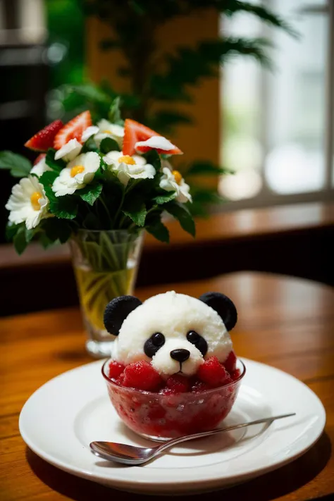 <lora:shaved_ice_v1:0.5>,, no humans, fruit, depth of field, blurry background, panda bear, table, plate, drinking glass, reflection, bowl, realistic, ice cream, spoon, glass, animal focus, , solid circle eyes, bear, food focus, parfait, pudding, still life, shaved ice, faux traditional media, dessert, omelet, in food, omurice, ketchup, napkin, polar bear, food art, ANKG, animal kakigoori