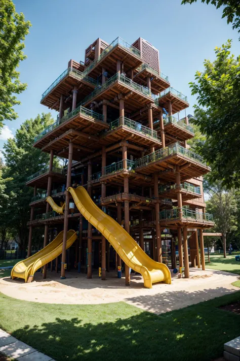 photo of arwplaygroundinterior, <lora:arwplaygroundoutdoor:1>, outdoor playground, grass, slide, tree house, track, sand box, huge, massive, super complex, gigantic, multiple stories, ((multiple floors, tower skyscraper)), realistic, (masterpiece:1.1), (best quality:1.1), beautiful, (intricate details), unity 8k wallpaper, ultra detailed, beautiful, aesthetic, perfect lighting, <lora:add_detail:0.7>