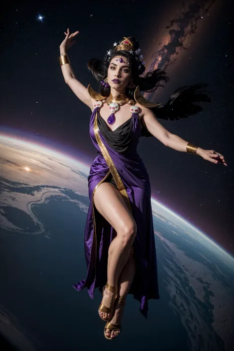 Beautiful woman in space, floating in the stars,  surrounded by galaxy, center of the universe, model posing , full body,  <lora:nyx-guy-v2:1.12>nyx   1girl   jewelry   solo   makeup   earrings   purple lips   breasts   lipstick    looking at viewer   large breasts   forehead jewel   dress   pale skin, floating in the air