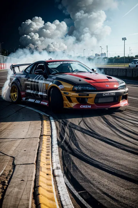 cardrifting, a car drifting on a parking lot, burn, smoke <lora:cardrifting:1.2>