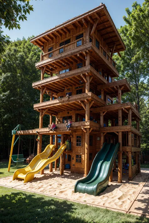 photo of arwplaygroundinterior, <lora:arwplaygroundoutdoor:1>, outdoor playground, grass, slide, tree house, track, sand box, huge, massive, super complex, gigantic, multiple stories, multiple floors, tower skyscraper, realistic, (masterpiece:1.1), (best quality:1.1), beautiful, (intricate details), unity 8k wallpaper, ultra detailed, beautiful, aesthetic, perfect lighting, <lora:add_detail:0.7>