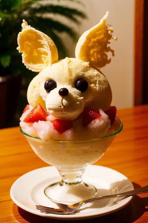 <lora:shaved_ice_v1:0.6>,, no humans, fruit, depth of field, blurry background, (fennec fox), table, plate, drinking glass, reflection, bowl, realistic, ice cream, spoon, glass, animal focus, , solid circle eyes, bear, food focus, parfait, pudding, still life, shaved ice, faux traditional media, dessert, omelet, in food, omurice, ketchup, napkin, polar bear, food art, ANKG, animal kakigoori