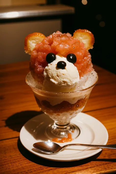 <lora:shaved_ice_v1:0.6>,, no humans, fruit, depth of field, blurry background, (red panda), table, plate, drinking glass, reflection, bowl, realistic, ice cream, spoon, glass, animal focus, , solid circle eyes, bear, food focus, parfait, pudding, still life, shaved ice, faux traditional media, dessert, omelet, in food, omurice, ketchup, napkin, polar bear, food art, ANKG, animal kakigoori