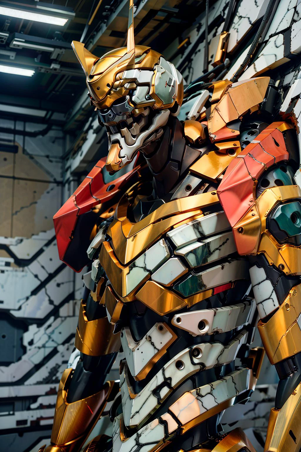 (eva 02), evagod, evangelion mecha, science fiction, looking at viewer, (official art, Best quality, masterpiece:1.2), illustration, high res, beautiful abstract background, Futurism, cyberpunk, intense angle, <lora:EVAIII:0.7>marble skin ,golden hair, marble face, <lora:M4rbleSCNEWCIVIT_1:1>