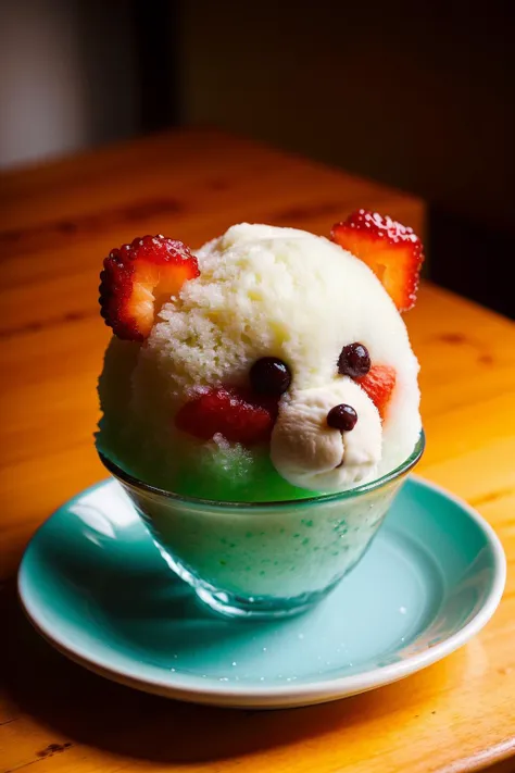 <lora:shaved_ice_v1:0.6>,, no humans, fruit, depth of field, blurry background, (red panda), table, plate, drinking glass, reflection, bowl, realistic, ice cream, spoon, glass, animal focus, , solid circle eyes, bear, food focus, parfait, pudding, still life, shaved ice, faux traditional media, dessert, omelet, in food, omurice, ketchup, napkin, polar bear, food art, ANKG, animal kakigoori