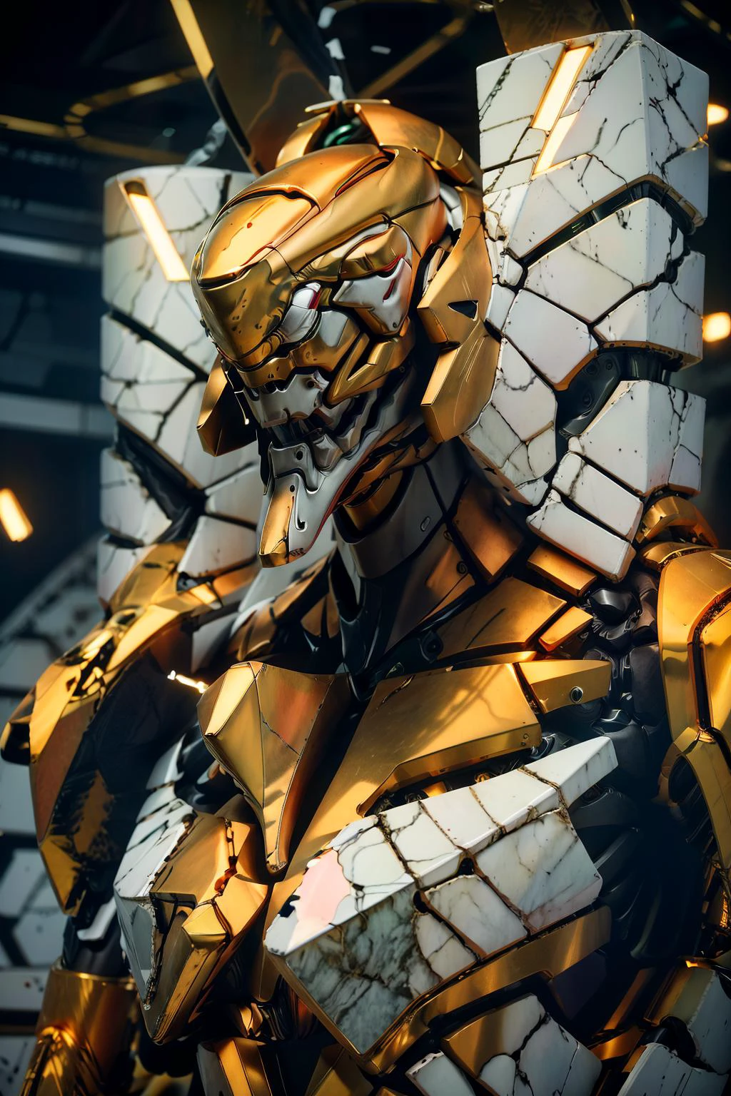 1 robot, organic, orange triangle glowing eyes, cyberhelmet, long hair, white plastic, diffuse lighting, fantasy, intricate, elegant, highly detailed, lifelike, photorealistic, smooth, sharp focus, art by John Collier and Albert Aublet and Krenz Cushart and Artem Demura, wires, tubes, dark room, dim light(eva 02), evagod, evangelion mecha, science fiction, looking at viewer, (official art, Best quality, masterpiece:1.2), illustration, high res, beautiful abstract background, Futurism, cyberpunk, intense angle, <lora:EVAIII:0.7>marble skin ,golden hair, marble face, <lora:M4rbleSCNEWCIVIT_1:1>