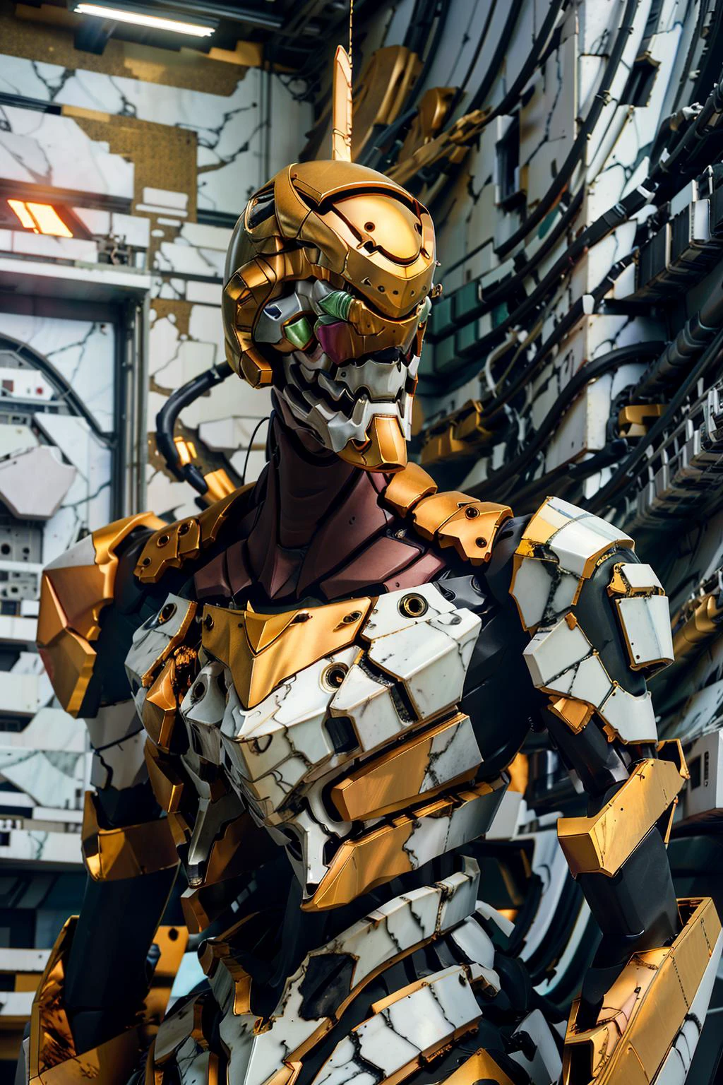 (eva 02), evagod, evangelion mecha, science fiction, looking at viewer, (official art, Best quality, masterpiece:1.2), illustration, high res, beautiful abstract background, Futurism, cyberpunk, intense angle, <lora:EVAIII:0.7>marble skin ,golden hair, marble face, <lora:M4rbleSCNEWCIVIT_1:1>