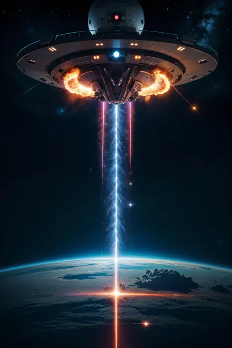 a Deep space battle, spaceships, lasers, explosions, and a distant planet