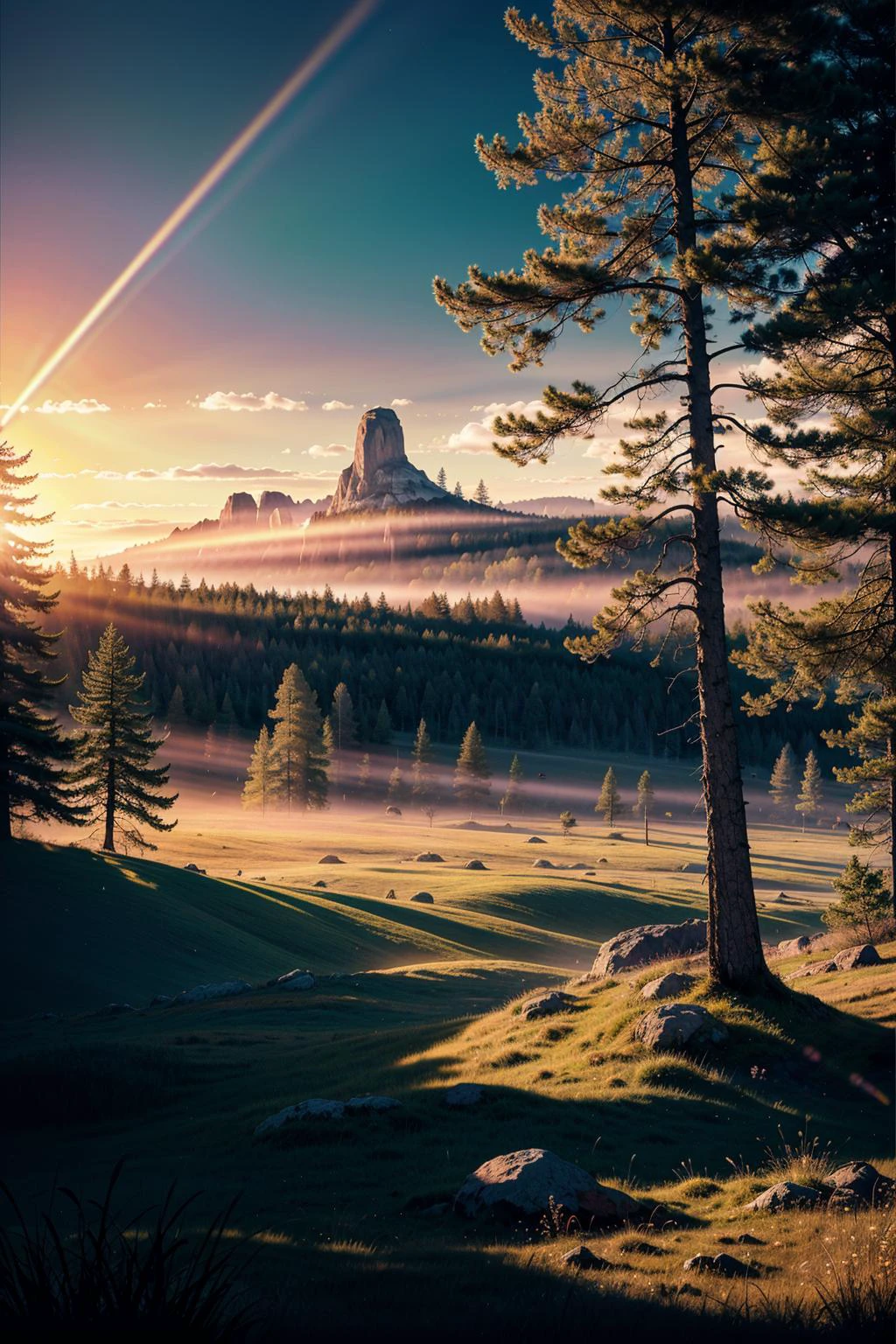 swedish landscape, ultra fine line art drawing, color ink, concept art, minimalistic, color splash, dramatic lighting, misty background, serenity, magic, volumetric lighting, sun ray, photorealistic, hard light, incredible depth, rich colors, 8K