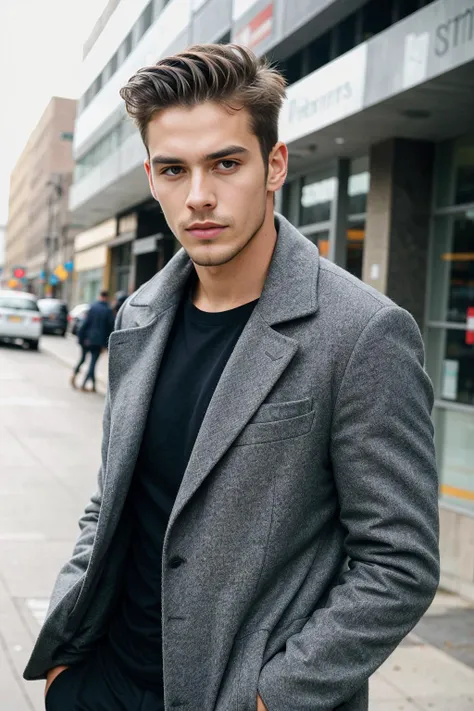 fashion magazine photoshoot, handsome top model, man wearing only coat, posing, bored face expression, skinny, elegant, detailed skin texture, pores, deep photo, raw photo, film grain, grainy photo, professional photo, artistic, on a street,