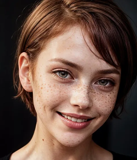 beautiful lady, (freckles), big smile, ruby eyes, short hair, dark makeup, hyperdetailed photography, soft light, head and shoulders portrait, cover