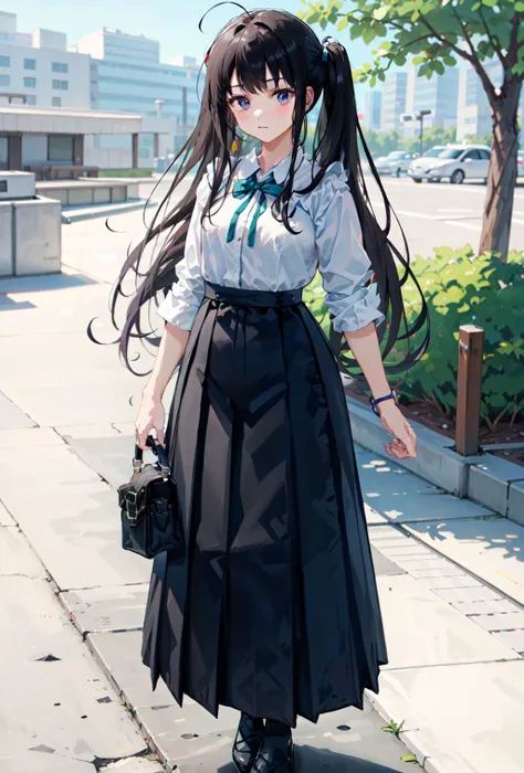 <lora:[Anime] Takina:0.75>, long_hair, black_hair,, hakama, (red hakama skirt:1.2), (white hakama shirt:1.2), hakama ribbon, (alternate costume:1.2)