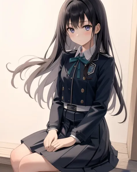 best quality,highly detailed,masterpiece,ultra-detailed,solo,1girl,white background,delicate eyes,long_hair, black_hair, trembling, ribbon, school_uniform, long_sleeves, jacket,sitting, looking at viewer,