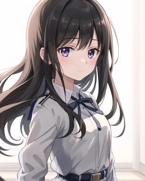 best quality,highly detailed,masterpiece,ultra-detailed,solo,1girl,white background,delicate eyes,long_hair, black_hair, trembling, ribbon, school_uniform, long_sleeves, jacket,wariza,looking at viewer, expressionless, backlighting,