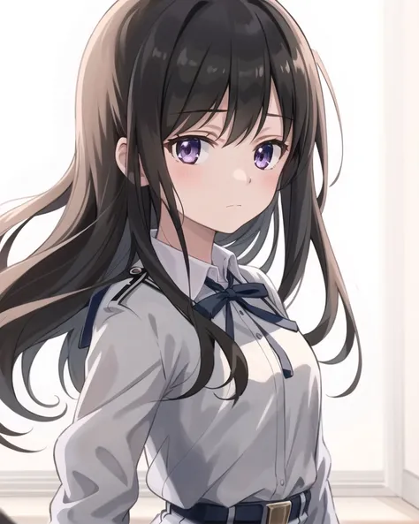 best quality,highly detailed,masterpiece,ultra-detailed,solo,1girl,white background,delicate eyes,long_hair, black_hair, trembling, ribbon, school_uniform, long_sleeves, jacket,wariza,looking at viewer, expressionless, backlighting,