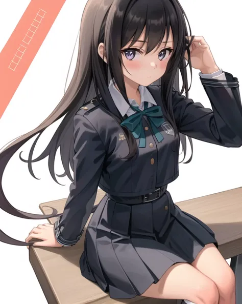 best quality,highly detailed,masterpiece,ultra-detailed,solo,1girl,white background,delicate eyes,long_hair, black_hair, trembling, ribbon, school_uniform, long_sleeves, jacket,sitting, looking at viewer,