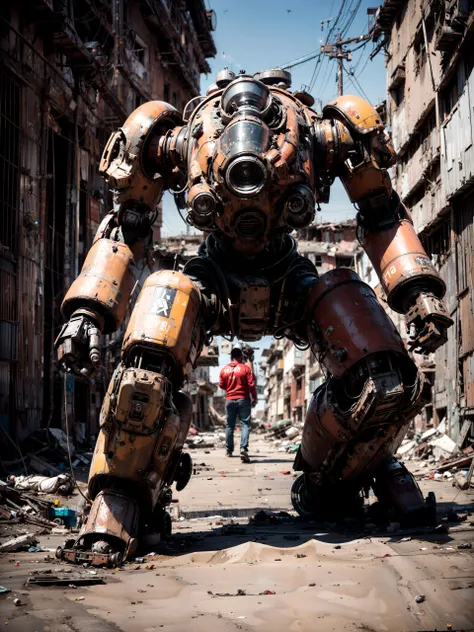 (8k,best quality, masterpiece:1.2),physically-based rendering,surface reflection,metallic luster,looking at viewer,BJ_Zagu_Mecha,standing,firing,grey_eyes,no_humans,glowing,robot,mecha,holding tank gun,complicated head,science_fiction,one-eyed,pipeline,war damage,rust,<lora:Zagu_Mecha:0.8>,<lora:add_detail:1>,(slender:1.2),Rusty,abandoned,ruins,shanty town/slum,building_ruins,sand,dead body on the ground,