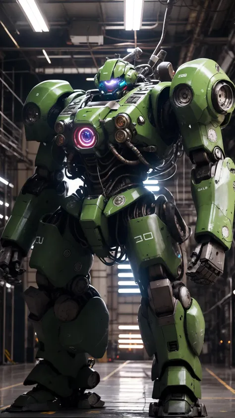 BJ_Zagu_Mecha,solo,green_eyes,standing,no_humans,glowing,robot,mecha,clenched_hands,science_fiction,one-eyed,
cinematic lighting,strong contrast,high level of detail,Best quality,masterpiece,<lora:Zagu_Mecha:0.7>,